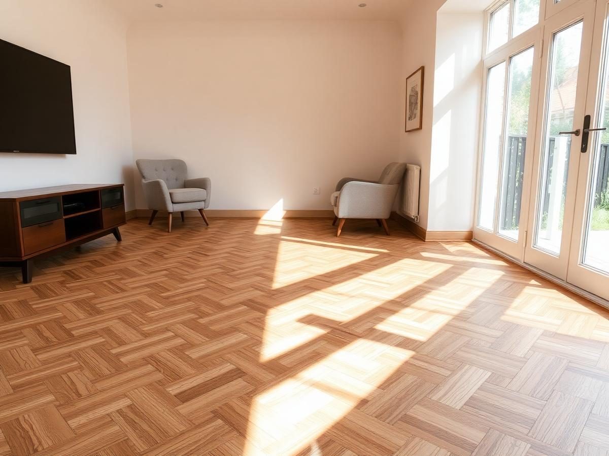 Frisch verlegtes Parkett in einem sonnendurchfluteten Wohnzimmer